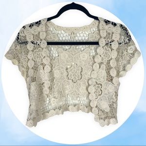 Cream Cropped Floral Open Knit Crochet Vest Shrug SS Cardigan Boho Hippie Cotton